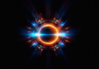Fototapete - Abstract circular element with radiant orange and blue glows against a black background.  Dynamic light beams emanate outwards, suggesting energy and motion.