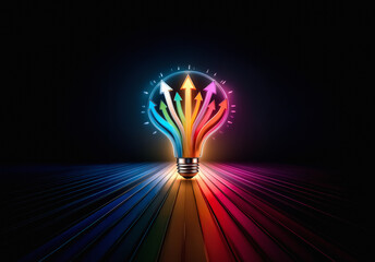 Poster - Colorful arrows converge into a radiant light bulb against a dark backdrop, symbolizing innovation and bright ideas emerging from multiple directions.