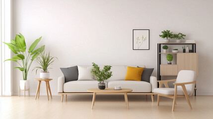 Fototapete - 3D rendering of a minimalist Scandinavian-style living room interior with a white blank canvas on the wall, empty space for artwork or painting, featuring a wooden floor, armchair, and sunlight stream