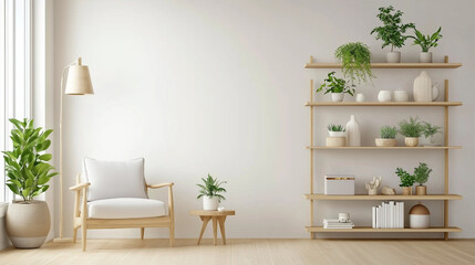 Fototapete - 3D rendering of a minimalist Scandinavian-style living room interior with a white blank canvas on the wall, empty space for artwork or painting, featuring a wooden floor, armchair, and sunlight stream