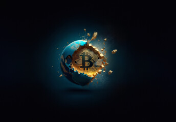 Aufkleber - Earth globe cracking open, revealing a golden Bitcoin symbol. World breaks apart to show digital currency. Financial revolution concept.