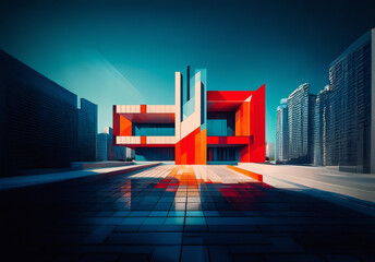 Fototapete - Vibrant modern building features bold geometric shapes in an urban setting. Striking red, orange, and blue hues dominate the architectural design.