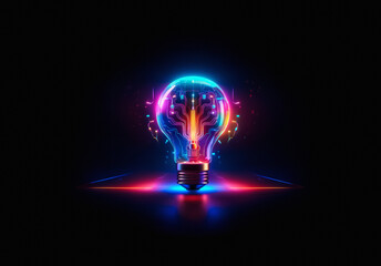 Fototapete - Glowing light bulb with circuit board inside, illuminated with vibrant neon colors against a dark background. Idea, technology, and innovation concept.
