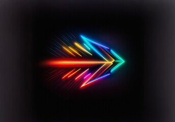 Fototapete - A vibrant, multicolored neon arrow streaks dynamically across a dark background. The arrow glows with rainbow hues, creating a sense of motion and energy.  It points right, suggesting direction and fu