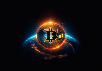 Aufkleber - Stylized bitcoin symbol with circuit board design, radiating orange light and electric sparks.  Set against a dark background with a blue planetary curve, representing digital finance and global techn