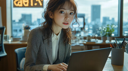 Aufkleber - A young woman in her 20s, working on a laptop in a modern office in Japan. She has a confident and focused expression.