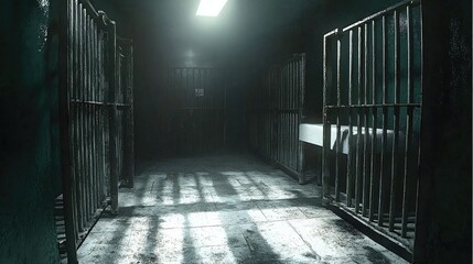 Aufkleber - A dimly lit prison cell, with cold, rough stone walls and sturdy iron bars casting long, eerie shadows on the floor.
