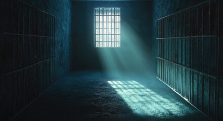 Wall Mural - A dimly lit prison cell, with cold, rough stone walls and sturdy iron bars casting long, eerie shadows on the floor.