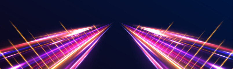 Aufkleber - Image of speed motion on the road with blue and purple neon glow colors. Abstract background showcasing high-speed light in a futuristic technology concept. Perfect for panoramic light backgrounds.
