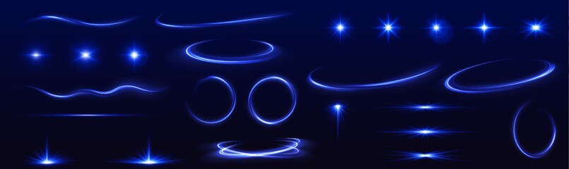 Aufkleber - A large set of light effects, stars, curved lines, elements of speed, glare, flashes on a black background. . Abstract vector fire circles, sparkling swirls and energy light spiral frames.	