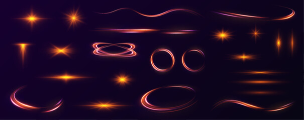 Aufkleber - Set of glowing speed spirals on dark background for your neon design. Sun flash with rays neon spotlight and bokeh. Futuristic neon light effect. Speed of light concept background.	