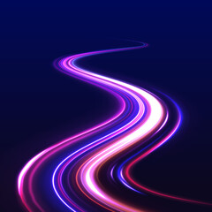 Leinwandbilder - Technology background with motion neon light effect. Abstract neon light trails in a futuristic high-speed motion design. Vector glitter light fire flare trace.	