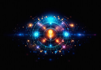 Poster - Abstract digital artwork featuring a symmetrical design of glowing concentric circles and lines on a dark background. Bright blue, orange, and white lights create a futuristic, technological, and vibr