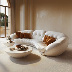 Poster - A white, curved sofa and two round coffee tables. Light orange pillows on the tables, a beige-colored carpeted floor, and a cream-colored wall background.
