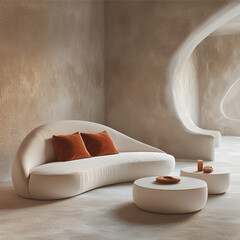 Poster - A white, curved sofa and two round coffee tables. Light orange pillows on the tables, a beige-colored carpeted floor, and a cream-colored wall background.