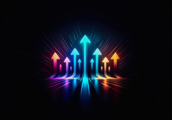 Poster - Vibrant neon arrows pointing upwards on a dark backdrop. The glowing arrows symbolize growth, progress, and positive direction in a modern, digital style.