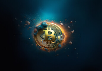 Aufkleber - A golden coin, resembling bitcoin, is surrounded by an explosive burst of energy and debris against a dark blue backdrop, symbolizing volatility and digital finance.