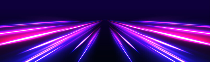 Poster - Panoramic high-speed technology concept with abstract light trails and glowing neon colors in blue, yellow, and orange, representing the rapid motion and energy in a futuristic environment.	