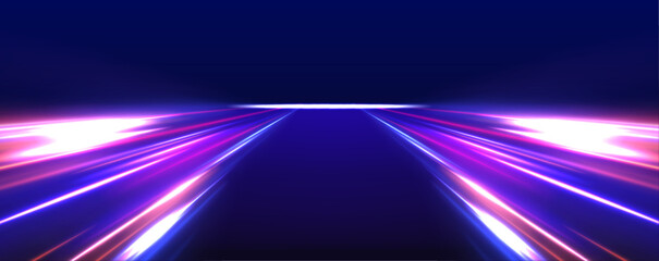 Poster - Abstract neon light rays background. A colorful motion background of city light trails. Purple glowing wave swirl, impulse cable lines. Long time exposure.	