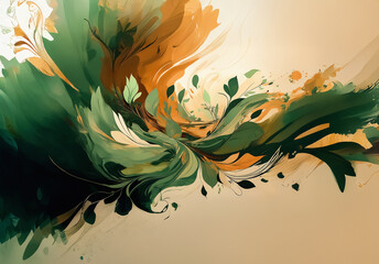 Poster - Abstract painting features flowing organic shapes in green, orange, and beige. Fluid brushstrokes evoke a dynamic and natural artistic feel.