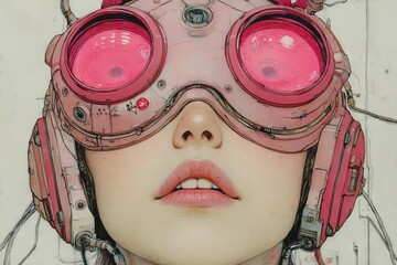 Fototapete - Futuristic character wearing pink goggles with vibrant lenses and intricate technology on a neutral background