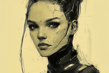 Aufkleber - Portrait of a futuristic woman with cybernetic features against a muted background