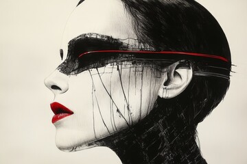 Aufkleber - Artistic portrait of a woman with striking features and futuristic elements in a surreal style