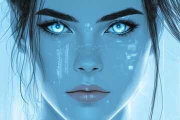 Poster - Digital portrait of a woman with glowing blue eyes and futuristic elements in a modern setting