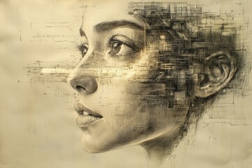 Aufkleber - Portrait of a woman blending with abstract digital elements in a futuristic artistic representation