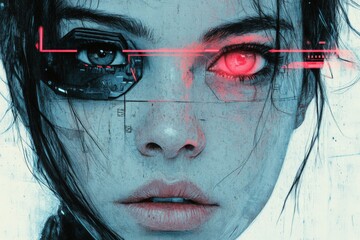 Poster - Cybernetic girl with glowing eye in futuristic urban setting at dusk, showcasing advanced technology and digital enhancements