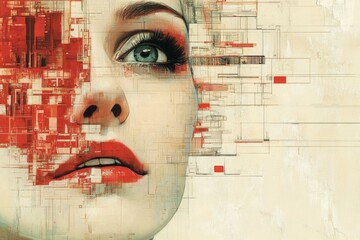 Aufkleber - Artistic representation of a woman's face blended with abstract geometric patterns in a contemporary style