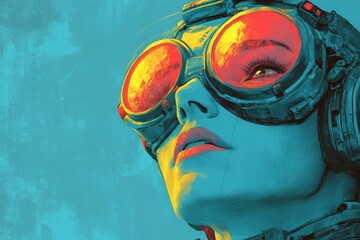 Poster - Futuristic portrait of a woman wearing oversized goggles against a vibrant turquoise background