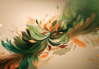 Poster - Abstract floral art, flowing green orange leaves, beige. Painterly organic art.