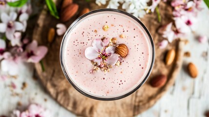 Wall Mural - A glass of vibrant spring smoothie, surrounded by fresh ingredients, placed on a light wooden surface