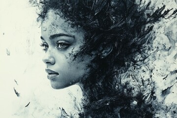 Poster - Portrait of a woman amidst an abstract blend of dark textures and organic forms created in monochrome style