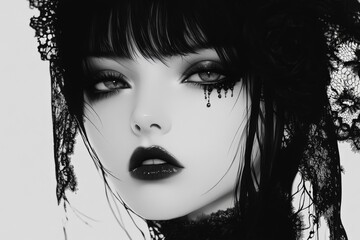 Poster - Dark elegance portrayed through a striking black and white portrait of a doll-like figure with intricate details