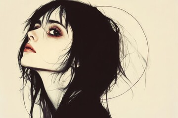 Aufkleber - Expressive portrait of a woman with striking features and tousled hair in a minimalistic style