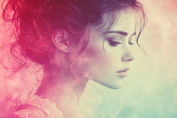 Aufkleber - Young woman with long hair and soft features gazes thoughtfully against a colorful smoky background