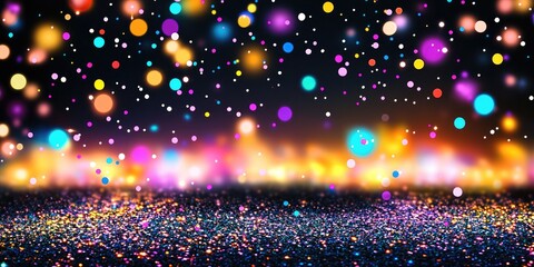 Fototapete - Rainbow glitters and sequins falling from above, black background, colorful light, bokeh and sequins.