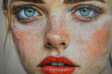 Leinwandbilder - Close-up of a woman's face showcasing vibrant eyes and colorful lips with intricate detail and texture