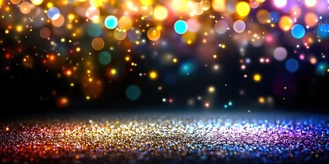 Fototapete - Rainbow glitters and sequins falling from above, black background, colorful light, bokeh and sequins.