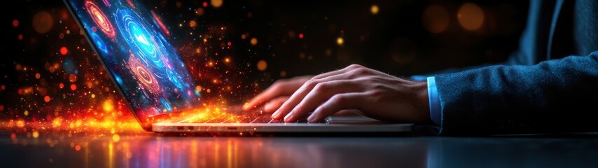 A person is typing on a laptop with a blue background