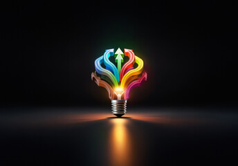 Poster - Vibrant arrows burst from a glowing lightbulb, representing bright ideas and creative solutions against a stark, dark backdrop.
