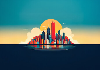 Fototapete - A vibrant cityscape silhouette gleams at sunset, its colorful buildings reflecting on the tranquil water. Clouds drift behind the skyline as the sun sets, casting a warm glow over the urban scene.