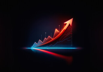 Fototapete - A vibrant upward graph with a prominent red arrow signifies growth.  Blue lines form the chart against a dark backdrop, symbolizing positive trend and progress.