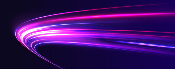 Leinwandbilder - Neon color glowing lines background, high-speed light. Modern abstract high-speed light motion effect on a black background, featuring neon stripes in the form of drills, turns, and swirls.