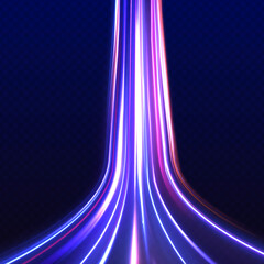 Leinwandbilder - Blurry neon light motion on a speedway with laser beams, glowing red and blue lines, and sparkling dust particles creates a sense of movement and excitement, ideal for futuristic or tech-themed design