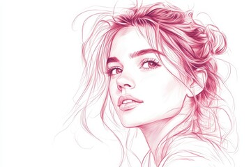 Aufkleber - Artistic sketch of a young woman with flowing hair and expressive features captured in soft pink tones