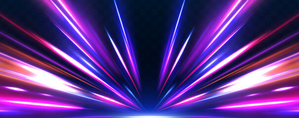 Poster - Vector speed of light in space on dark background. Abstract background in blue, yellow and orange neon colors. Neon stripes in the form of drill, turns and swirl.	