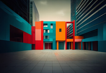 Leinwandbilder - Vibrant geometric building with red, orange, blue, and teal blocks creates a striking modern facade in an urban courtyard setting.